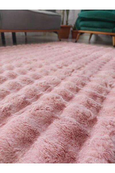 Saray Life Tavşan Tüyü Pembe Renk Peluş Bubble Serisi Özel Dokuma Tabanlı Desenli Pembe Loop Tavşan Halı