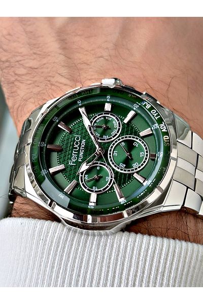 Ferrucci men's Wristwatch - Silver-Green, Waterproof Steel Cord, Functional