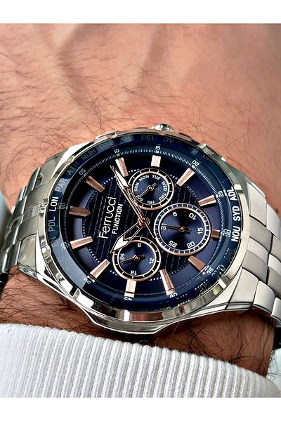 Ferrucci men's Wristwatch - Silver-navy, Waterproof Steel Cord, Functional