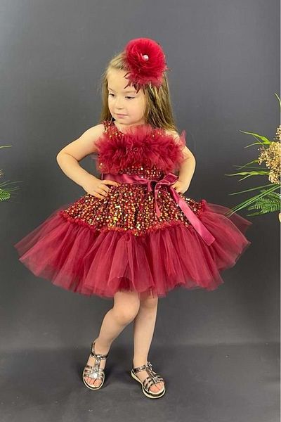 Mnk Baby&Kids Girl's Sequined Bouquet Model Evening Dress - Mnk0516 Claret Red