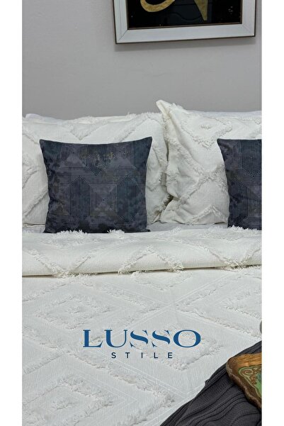 LUSSO Iskandinav Çift Kişilik Yatak Örtüsü 240 X 250 Cm Ve 2 Adet Yastık Ekru