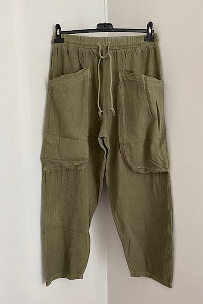 AYASOFYA OTANTIK Women's Khaki Double Front Pocket Linen Shalwar Trousers