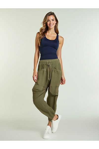 AYASOFYA OTANTIK Women's Khaki Double Front Pocket Linen Shalwar Trousers