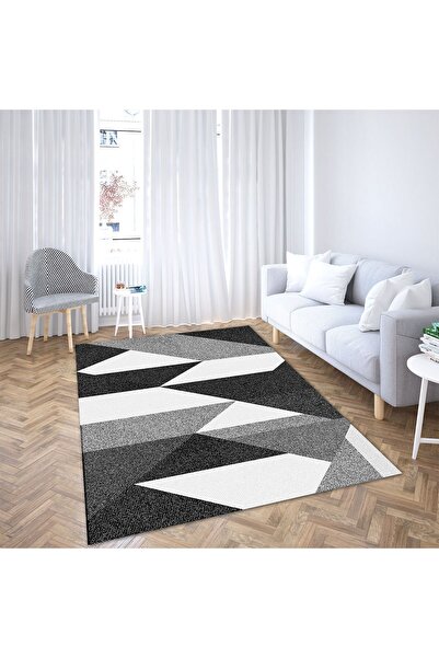 armolin Gri Tonlu Asimetrik Desenli Kadife Görünümlü Lastikli Halı Örtüsü (Sü...