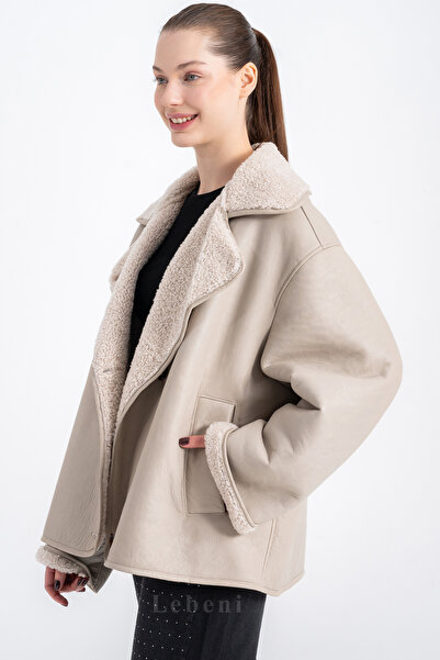 Lebeni Kadın Kürk Mont – Gerçek Kuzu Derisi Bej Ceket Yumuşak Dokulu Deri Ove...