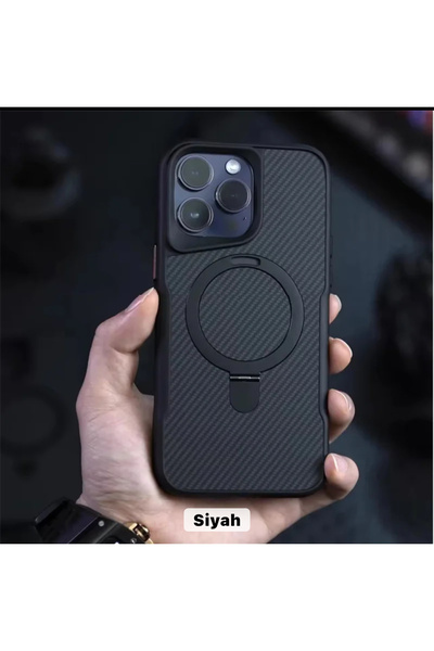 DGN İphone 16 Plus Uyumlu Karbon Fiber Dokulu Magsafe Standlı Lens Koruma Hed...