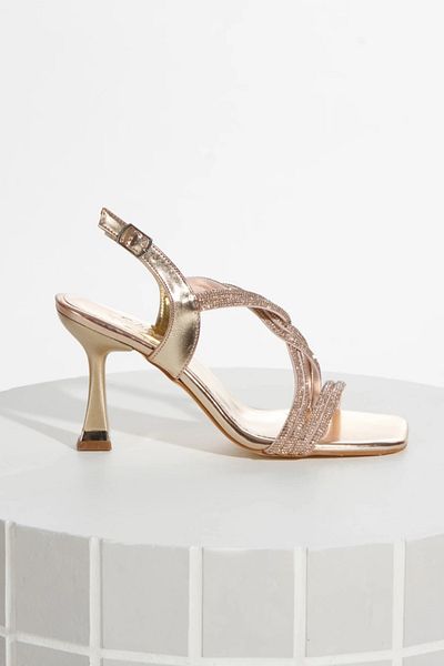 Miss Mitto Women's Gold Metallic Ankle Adjustable Stylish Ivy Knit Detailed Evening Dress Shoes