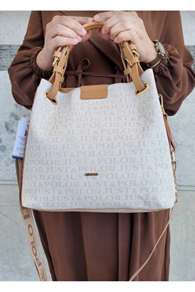 Just Polo حقيبة كتف نسائية مصنوعة يدوياً مقاس كبير مكونة من 5 أقسام موديل كاج...