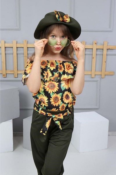 Mnk Girls' Suit with Sunflower Hat, Khaki