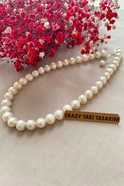 CRAZY TAKI TASARIM 10-11 mm Iri Boy Hakiki Beyaz Inci Kolye 925 Ayar Gümüş Küpe Hediyeli