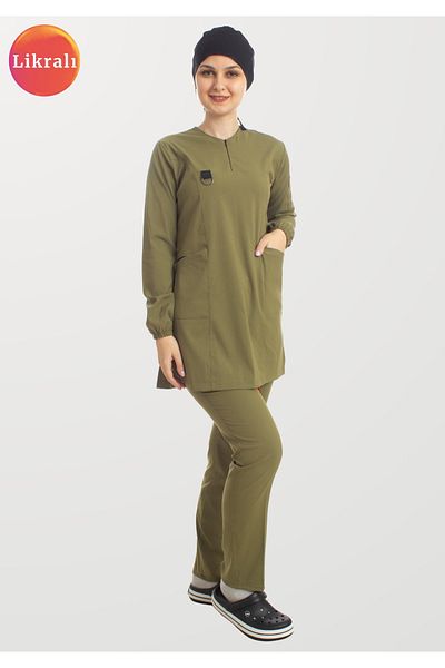 Simirna Üniforma Khaki Green Lycra Premium Fabric - Hijab Nurse Scrubs and Doctor Uniform Set