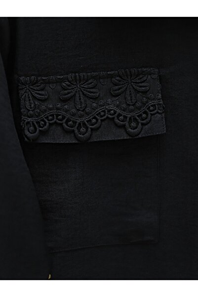 Modamorfo Lace Detail Shirt with Collar and Pockets -Black