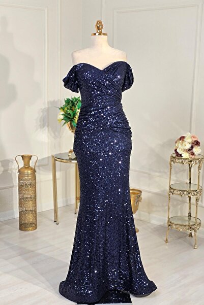 Yonca Moda Evi Lacivert Sık Payet Elbise 8278