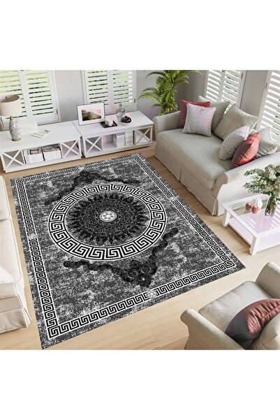 armolin Siyah Zemin Geometrik Desen Kadife Görünüm Lastikli Halı Örtüsü (Süng...