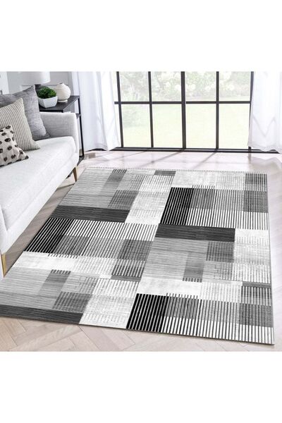 armolin Siyah - Beyaz Çizgili Desenli Lastikli Halı Örtüsü (Süngerli) HOarm-888