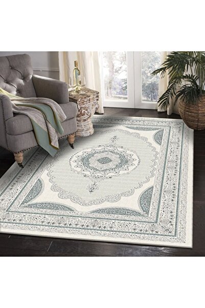 armolin Nakiş Desenli Mint Kadife Görünüm Lastikli Halı Örtüsü (Süngerli) HOa...