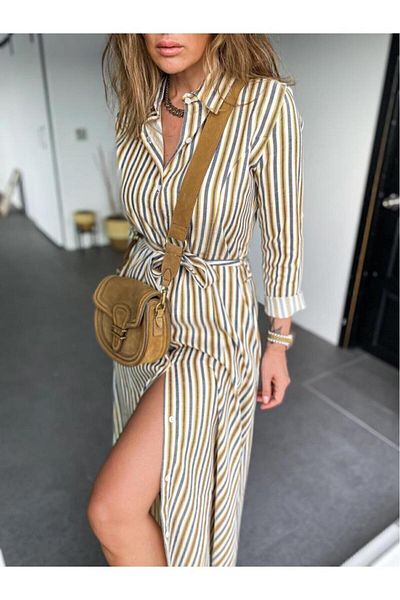 Pasaklı Giyim Rochie cămașă casual cu mânecă lungă cu buzunare de damă Bej muștar3259330