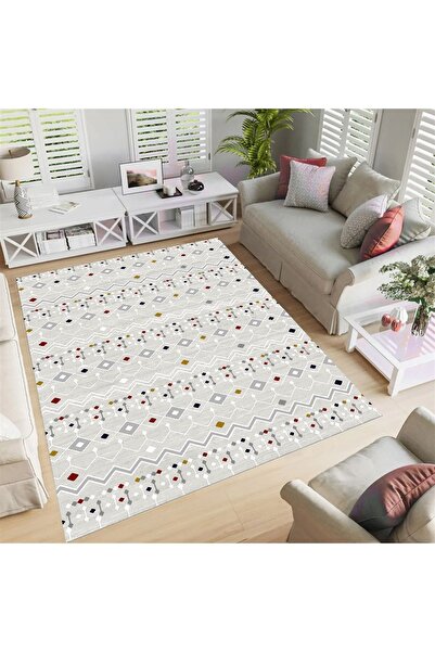 armolin Krem Gri Kareli Desen Kadife Görünüm Lastikli Halı Örtüsü (Süngersiz) SZZ-1078