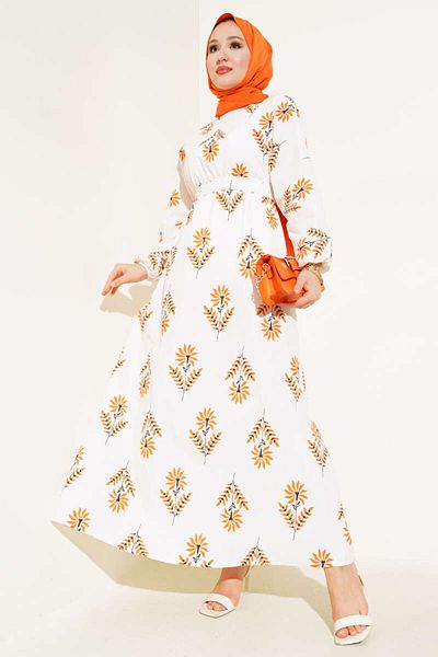 ModaAyşeli Orange Leaf Pattern - Elastic Waist Dress Ay177