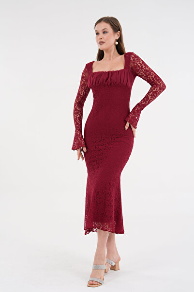 bayansepeti Burgundy Lace Midi Dress - Square Neck, Long Sleeve, Layered Lace Lining 209