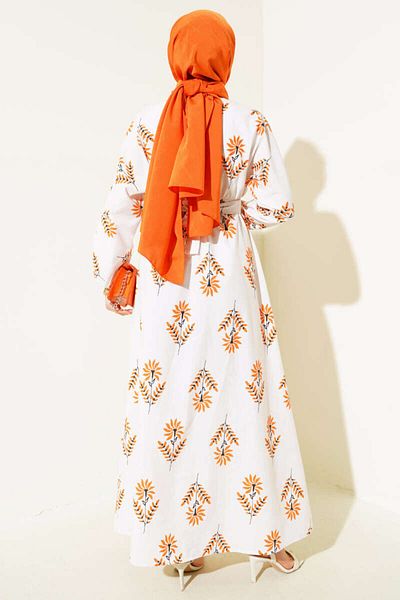 ModaAyşeli Orange Leaf Pattern - Elastic Waist Dress Ay177