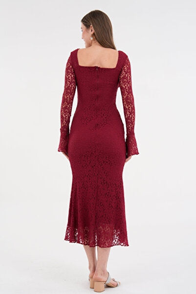 bayansepeti Burgundy Lace Midi Dress - Square Neck, Long Sleeve, Layered Lace Lining 209