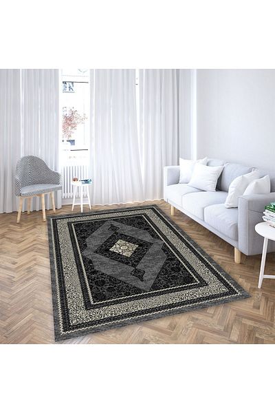 armolin Black Gray Embroidery Patterned Velvet Look Elastic Carpet Cover HOARM-1144