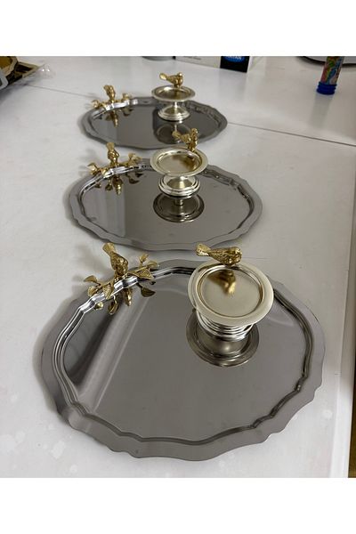 Elzemm store Two Models 3 Pieces of Birds Oval Table and 3 Pieces of Silver Birds Table