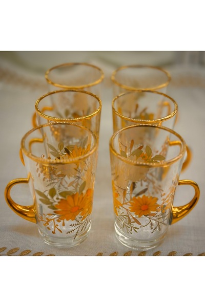DUKKANI ISTANBUL Kulplu Çay Bardağı 6 Kişilik Vintage Sarı Papatya