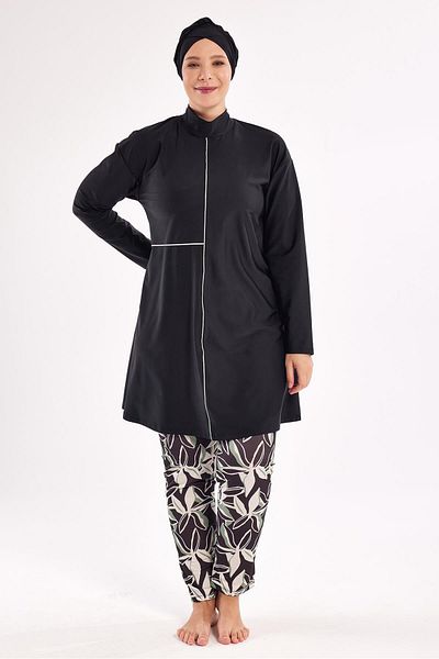 Adasea Women's Large Size Lycra Long Sleeve Full Covered Hijab Swimsuit 1801 Black