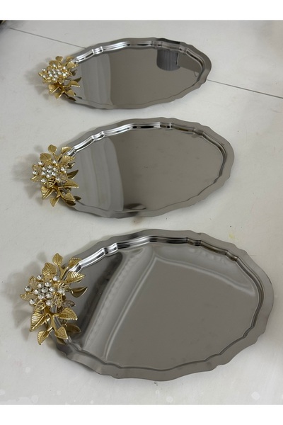 Elzemm store 3 ADET ÇELİK OVAL MODEL PAPATYA TAŞLI SERVİS VE SUNUM TEPSİSİ