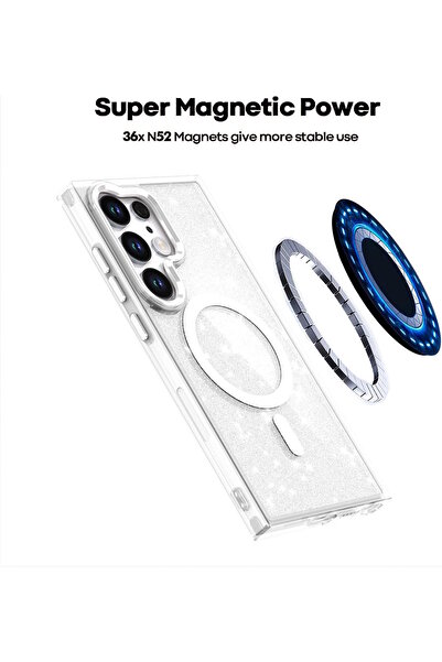 m.tk moveteck Samsung Galaxy S25 Ultra Kılıf Magsafe Wirelles Şarj Destekli Parlak Renkli Kenar Arkası Simli Taşlı