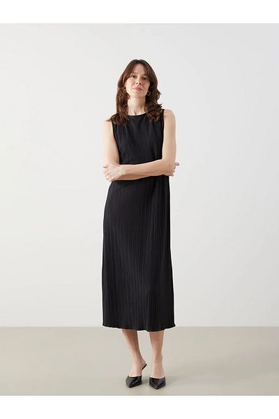 LC Waikiki Lcwaikiki Classic Black Crew Neck Textured Women's Dress