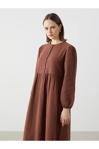 LC Waikiki Γυναικείο φόρεμα LCW Modest Brown Crew Neck