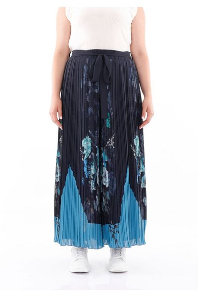 Guzella Navy Blue Floral Patterned Plus Size Chiffon Trousers