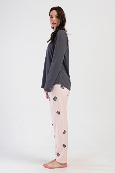 VİENETTA Kadın Büyük Beden Uzun Kol Füme Pijama Takım C2T7N1O304