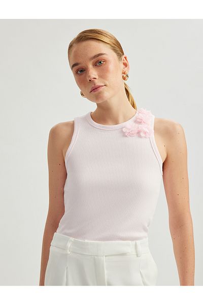 Koton Cotton Floral Applique Detailed Slim Fit Sleeveless Crew Neck Undershirt