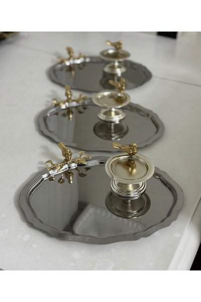 SEVA ÇELİK İKİ MODEL 3 ADET KUŞLU OVAL TEPSİ VE 3 ADET GÜMÜŞ KUŞLU MAKARONLUK