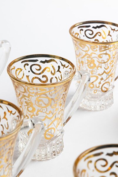 mastergold 6 Pcs Borosilicate Glass Tea Cups and Saucers Set 80ml with Gold Arabic Letters With Modern Design