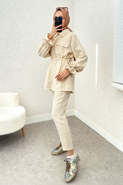 Salih Çelebi Waist and Arm Drawstring Suit 2223 - Stone Color