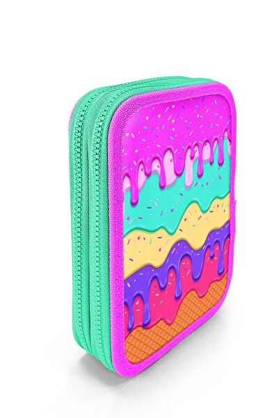 Coral High Kids Pink Colorful Ice Cream Patterned Double Layer Pencil Bag 11131