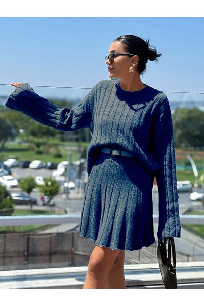 Puella Dark Blue Spayol Sleeve Sweater Rock Suit