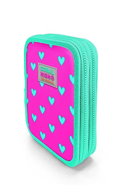 Coral High Τσάντα μολυβιού διπλής στρώσης για παιδιά Neon Pink Water Green Heart 11133