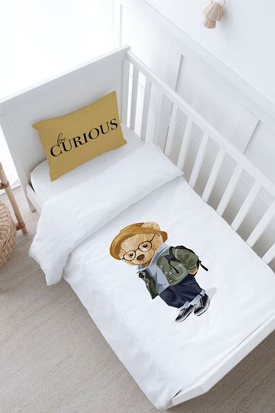 Tuğba Kuğu Pure Baby Series - 100X150 Baby Size Duvet Cover Set, Teddy Bear with Glasses