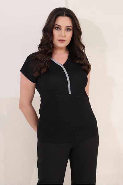 SERTUĞ Plus Size Black Blouse with Collar Stone Stripes