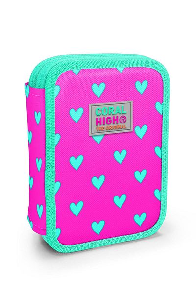 Coral High Τσάντα μολυβιού διπλής στρώσης για παιδιά Neon Pink Water Green Heart 11133