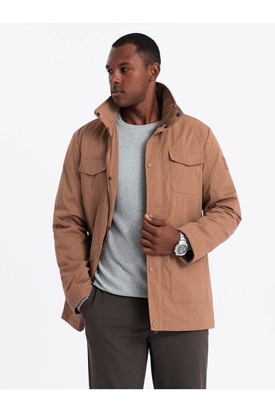 OMBRE Leichte Herrenjacke mit Taschen und hohem Kragen - braun V5 OM-JALP-0167 M