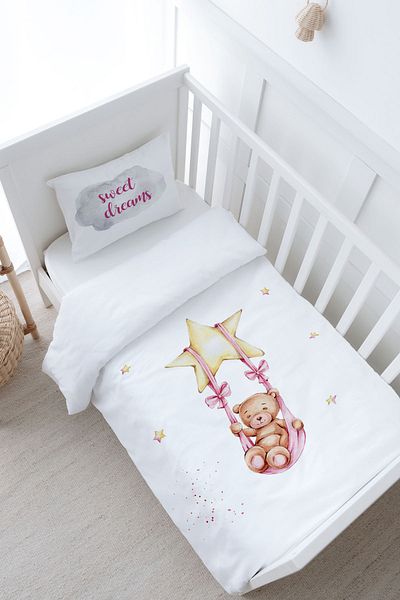Tuğba Kuğu Pink Iconic Series Baby Duvet Cover Set - Brown Bear Swinging on a Star (100X150)
