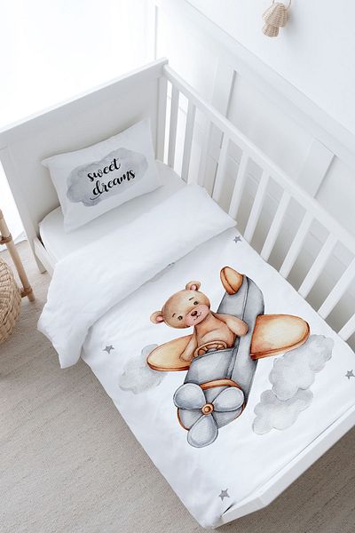 Tuğba Kuğu Baby Size Duvet Cover Set (100X150) - Pure Baby Series - Flying Bear