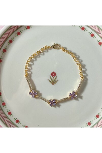 Reory Accessory Minimal Dört Yapraklı Yonca Bileklik Altın Kaplama Lila Zirko...